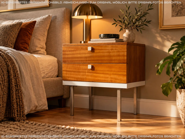 Hübscher 70er Jahre Nachttisch mit Schubladen und Chrom Füßen I Nachtkommode Nachtschrank Nachtschränkchen Kommode Ablage Beistelltisch Retro Vintage Mid-Century 60er I