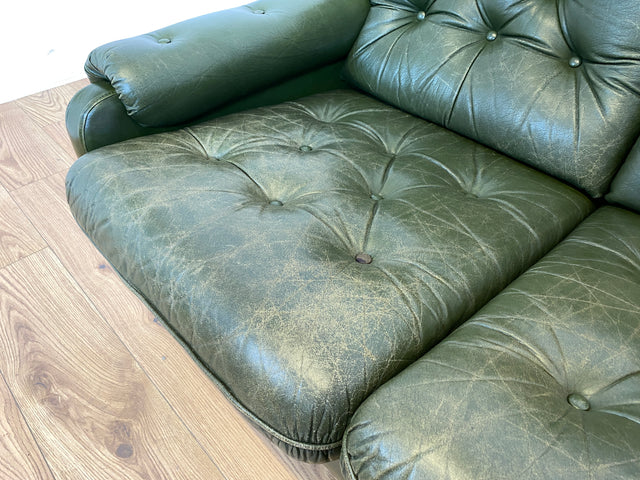 WMK # Stilvolles & äußerst bequemes skandinavisches Ledersofa mit gestepptem Echtleder Bezug in grün mit charaktervoller Alterspatina # 2er Sofa Couch Ledercouch 2-Sitzer Chesterfield Leder Vintage