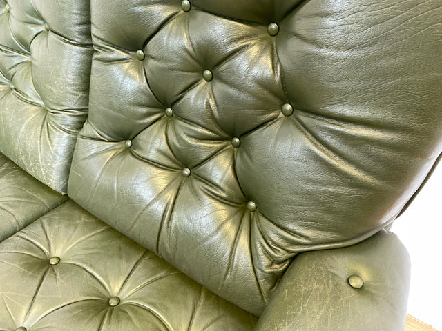 WMK # Stilvolles & äußerst bequemes skandinavisches Ledersofa mit gestepptem Echtleder Bezug in grün mit charaktervoller Alterspatina # 2er Sofa Couch Ledercouch 2-Sitzer Chesterfield Leder Vintage