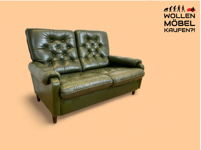 WMK # Stilvolles und äußerst bequemes skandinavisches Ledersofa mit gestepptem Echtleder Bezug in grün mit charaktervoller Alterspatina # Sofa Couch Ledercouch 2er 2-Sitzer Chesterfield Leder Vintage