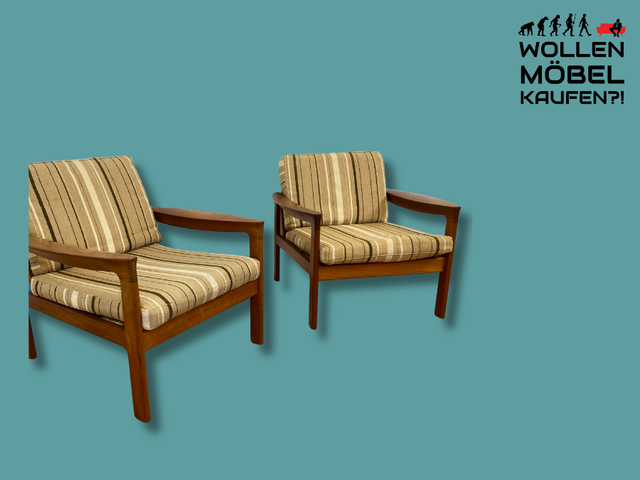 WMK I 1/2 Stilvoller skandinavischer Mid-Century Sessel von Komfort mit gestreiftem beigem Originalbezug & Teakholz Rahmen