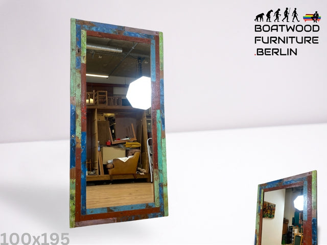 Boatwood by WMK I 100x195cm großer Spiegel I handgefertigtes Unikat aus altem Bootsholz in Originalfarben I bunter Wandspiegel Standspiegel Ganzkörperspiegel Flurspiegel Garderobe Berlin Köln Hannover