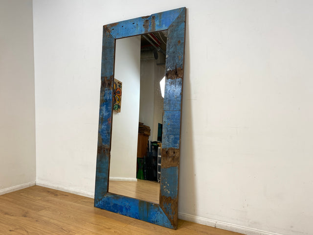 Boatwood by WMK I Meeresblauer 100x200cm großer Spiegel I handgefertigtes Unikat aus altem Bootsholz in Originalfarbe I Wandspiegel Standspiegel Ganzkörperspiegel Flurspiegel Garderobe Berlin Hof Ulm