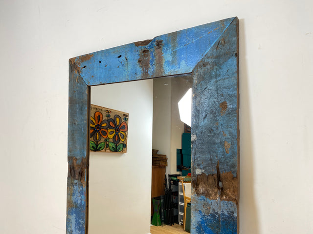Boatwood by WMK I Meeresblauer 100x200cm großer Spiegel I handgefertigtes Unikat aus altem Bootsholz in Originalfarbe I Wandspiegel Standspiegel Ganzkörperspiegel Flurspiegel Garderobe Berlin Hof Ulm