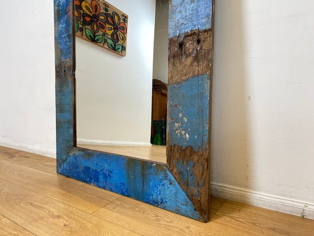 Boatwood by WMK I Meeresblauer 100x200cm großer Spiegel I handgefertigtes Unikat aus altem Bootsholz in Originalfarbe I Wandspiegel Standspiegel Ganzkörperspiegel Flurspiegel Garderobe Berlin Hof Ulm