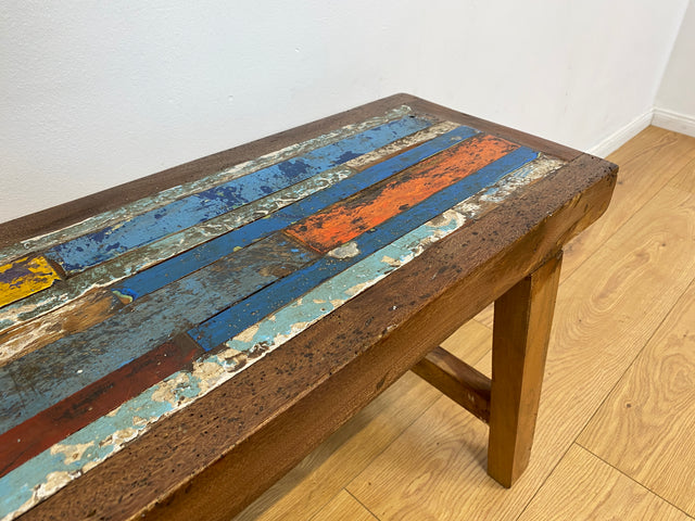 Boatwood by WMK I Bunte 75cm lange Bank aus altem Bootsholz I handgefertigtes Unikat I Patchwork aus Teakholz massiv # Holzbank Gartenbank Bench Küchenbank Sitz Gartenmöbel Balkonmöbel Treibholz Sylt