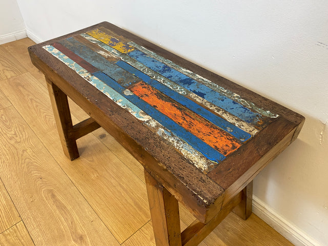 Boatwood by WMK I Bunte 75cm lange Bank aus altem Bootsholz I handgefertigtes Unikat I Patchwork aus Teakholz massiv # Holzbank Gartenbank Bench Küchenbank Sitz Gartenmöbel Balkonmöbel Treibholz Sylt
