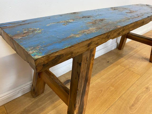 Boatwood by WMK I Robuste 120cm lange Bank aus altem Bootsholz I handgefertigtes Unikat I Teakholz massiv in Originalfarbe # Holzbank Gartenbank Bench Küchenbank Sitz Gartenmöbel Balkonmöbel Treibholz