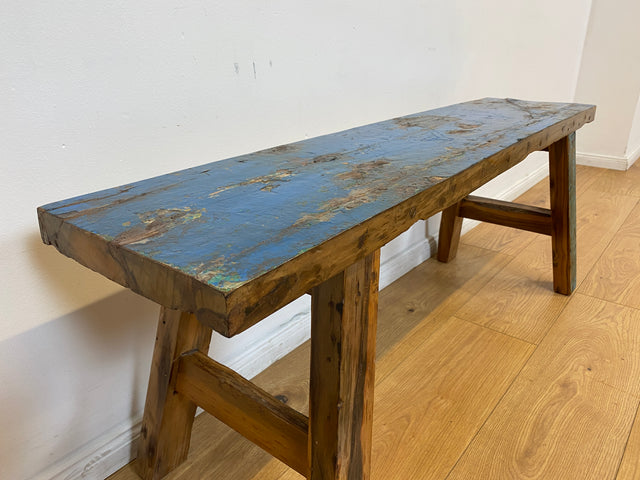 Boatwood by WMK I Robuste 120cm lange Bank aus altem Bootsholz I handgefertigtes Unikat I Teakholz massiv in Originalfarbe # Holzbank Gartenbank Bench Küchenbank Sitz Gartenmöbel Balkonmöbel Treibholz