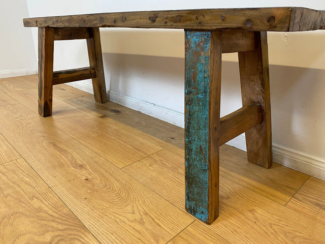 Boatwood by WMK I Robuste 120cm lange Bank aus altem Bootsholz I handgefertigtes Unikat I Teakholz massiv in Originalfarbe # Holzbank Gartenbank Bench Küchenbank Sitz Gartenmöbel Balkonmöbel Treibholz