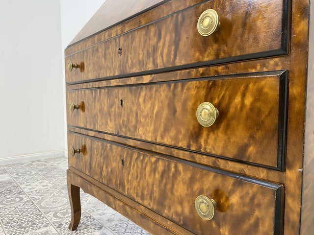 WMK Hübscher und geräumiger skandinavischer Sekretär aus vollem Holz mit dunkler Bierlasur & edlen Messinggriffen # Schreibschrank Schreibtisch Kommode Schubladenkommode Desk Vintage 50er Mid-Century