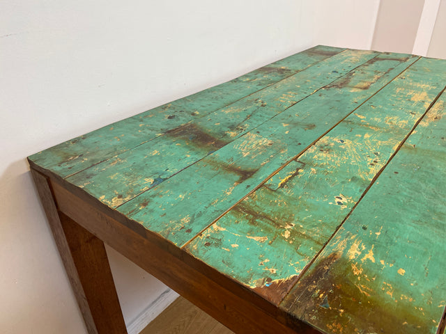 Boatwood by WMK I Einzigartiger 140x90cm großer grüner Esstisch aus altem Bootsholz I ein handmade Unikat aus massivem Teakholz I Tisch Küchentisch Gartentisch Holztisch Dining Table Berlin Bonn Jena
