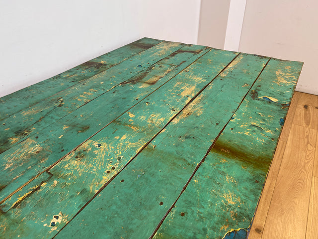 Boatwood by WMK I Einzigartiger 140x90cm großer grüner Esstisch aus altem Bootsholz I ein handmade Unikat aus massivem Teakholz I Tisch Küchentisch Gartentisch Holztisch Dining Table Berlin Bonn Jena