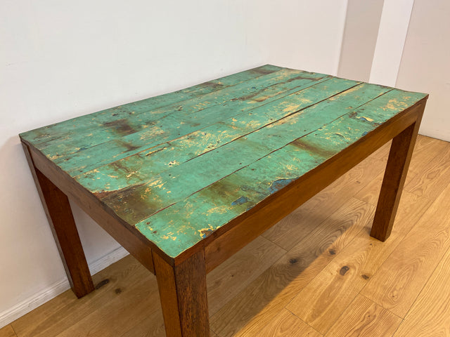Boatwood by WMK I Einzigartiger 140x90cm großer grüner Esstisch aus altem Bootsholz I ein handmade Unikat aus massivem Teakholz I Tisch Küchentisch Gartentisch Holztisch Dining Table Berlin Bonn Jena