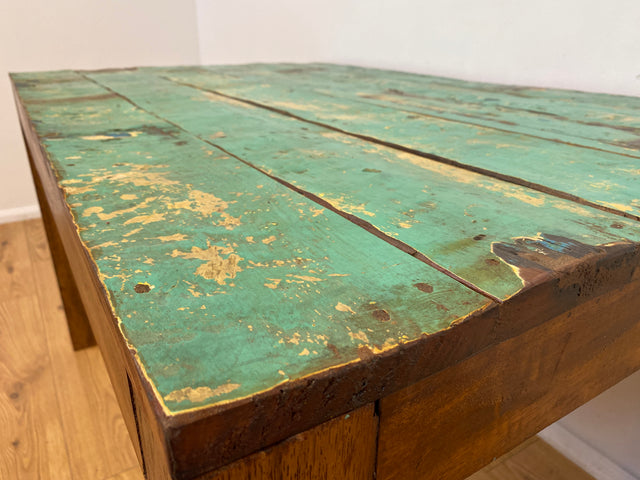 Boatwood by WMK I Einzigartiger 140x90cm großer grüner Esstisch aus altem Bootsholz I ein handmade Unikat aus massivem Teakholz I Tisch Küchentisch Gartentisch Holztisch Dining Table Berlin Bonn Jena