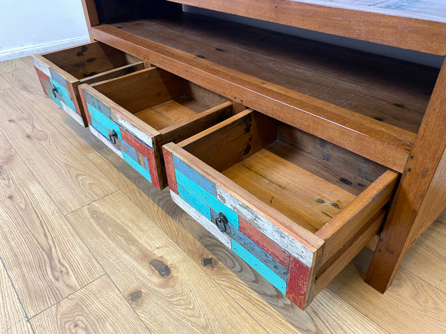 Boatwood by WMK I Handgefertigtes 150cm langes TV-Lowboard aus altem Bootsholz I nachhaltiges Unikat aus massivem Teakholz I Sideboard Kommode Bank Board Anrichte Bootsmöbel Rostock Bayern Düsseldorf