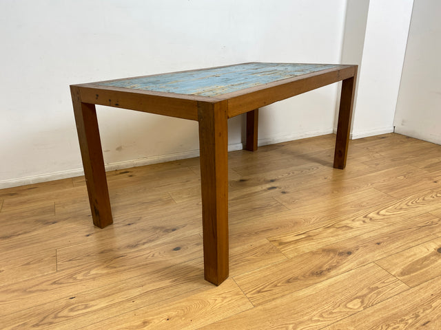 Boatwood by WMK # Einzigartiger 170x88cm großer Esstisch aus altem Bootsholz, ein handgefertigtes Unikat aus massivem Teakholz # blauer Tisch Esszimmertisch Holztisch Küchentisch Gastro Dining Table
