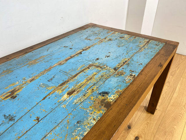 Boatwood by WMK # Einzigartiger 170x88cm großer Esstisch aus altem Bootsholz, ein handgefertigtes Unikat aus massivem Teakholz # blauer Tisch Esszimmertisch Holztisch Küchentisch Gastro Dining Table