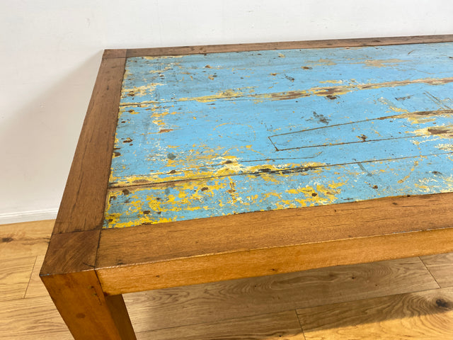 Boatwood by WMK # Einzigartiger 170x88cm großer Esstisch aus altem Bootsholz, ein handgefertigtes Unikat aus massivem Teakholz # blauer Tisch Esszimmertisch Holztisch Küchentisch Gastro Dining Table