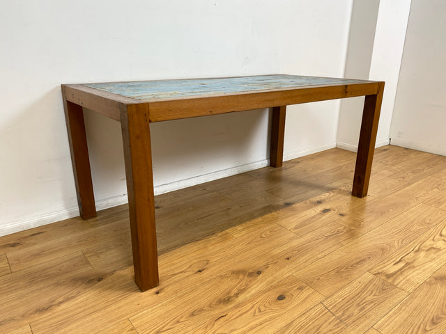 Boatwood by WMK # Einzigartiger 170x88cm großer Esstisch aus altem Bootsholz, ein handgefertigtes Unikat aus massivem Teakholz # blauer Tisch Esszimmertisch Holztisch Küchentisch Gastro Dining Table