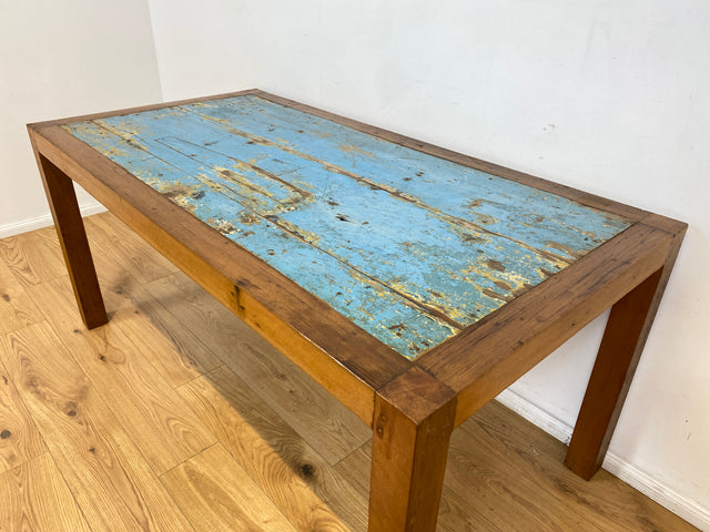 Boatwood by WMK # Einzigartiger 170x88cm großer Esstisch aus altem Bootsholz, ein handgefertigtes Unikat aus massivem Teakholz # blauer Tisch Esszimmertisch Holztisch Küchentisch Gastro Dining Table