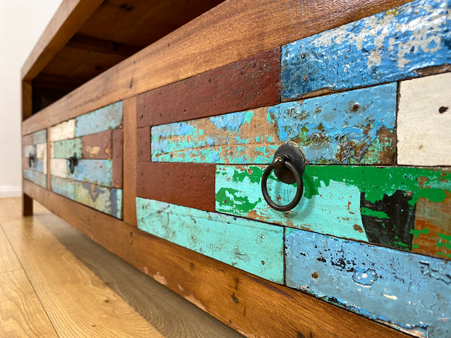 Boatwood by WMK I Besonders schönes 180 cm langes TV Lowboard aus altem Bootsholz I nachhaltiges & handgefertigtes Unikat I Teakholz massiv I Kommode Bank Board Anrichte Bootsmöbel Rostock Bremen Sylt