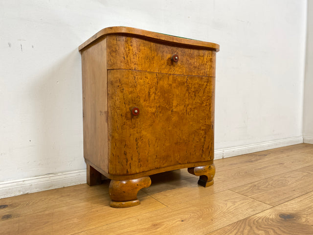 WMK I 1/2 Sehr schöner 1930er Jahre Art Deco Nachttisch aus vollem Holz mit Schublade und Glasauflage I Nachtkommode Nachtschrank Nachtschränkchen Night Stand Vintage Antik Berlin Leipzig Stuttgart