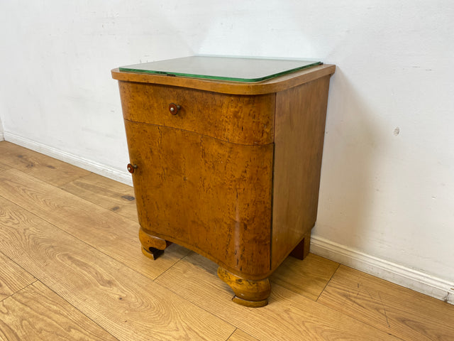 WMK I 1/2 Sehr schöner 1930er Jahre Art Deco Nachttisch aus vollem Holz mit Schublade und Glasauflage I Nachtkommode Nachtschrank Nachtschränkchen Night Stand Vintage Antik Berlin Leipzig Stuttgart