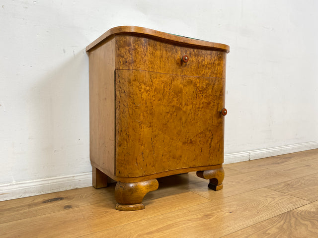 WMK I 1/2 Sehr schöner 1930er Jahre Art Deco Nachttisch aus vollem Holz mit Schublade und Glasauflage I Nachtkommode Nachtschrank Nachtschränkchen Night Stand Vintage Antik Berlin Leipzig Stuttgart