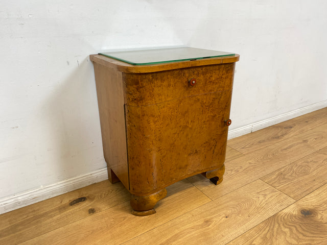 WMK I 1/2 Sehr schöner 1930er Jahre Art Deco Nachttisch aus vollem Holz mit Schublade und Glasauflage I Nachtkommode Nachtschrank Nachtschränkchen Night Stand Vintage Antik Berlin Leipzig Stuttgart