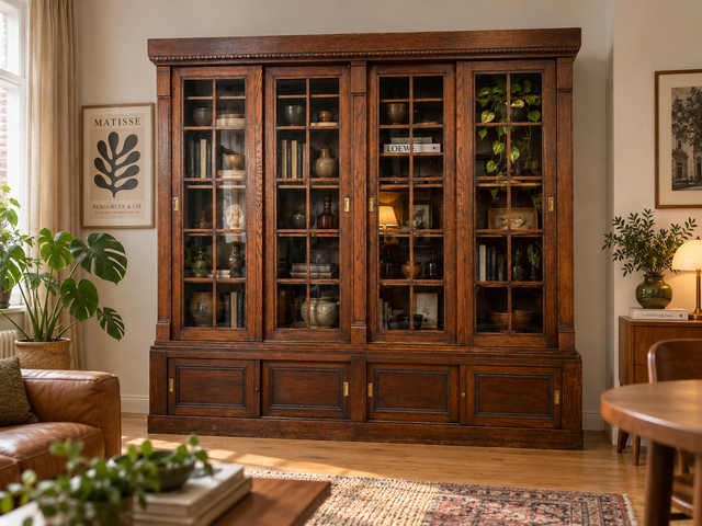 Hochwertige handverzierte Vintage Vitrine im antikem Stil aus massiver Eiche mit Schiebetüren I Büchervitrine Bücherschrank Bücherregal Regal Glasvitrine Wohnzimmerschank Jugendstil Gründerzeit I