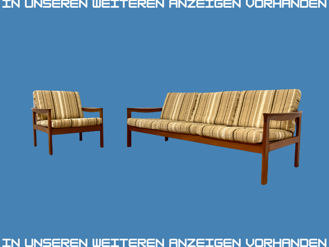 WMK I Stilvoller skandinavischer Mid-Century Sessel von Komfort mit gestreiftem beigem Originalbezug & Teakholz Rahmen