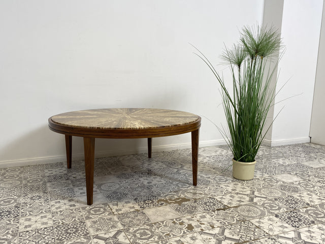 WMK Sehr gut erhaltener runder Mid-Century Designercouchtisch in skandinavischem Design von Berthold Müller mit schöner Natursteinplatte & Holzgstell aus Palisander # Couchtisch Coffee Table Vintage