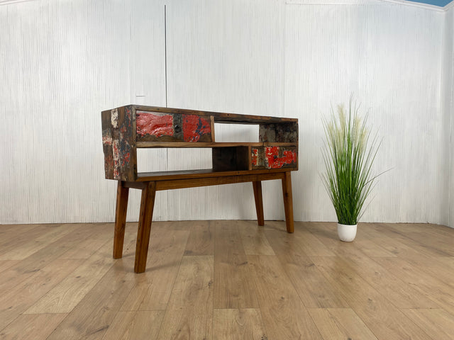 Boatwood by WMK # Besondere Konsole aus altem Bootsholz mit Schubladen, ein handgefertigtes Unikat aus massivem Teakholz # Kommode Sideboard Schrank Garderobe Flurkommode Ablage Industrial Upcycling