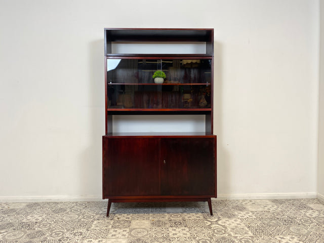 WMK Besonders schöner & gut erhaltener Mid-Century Vitrinenschrank mit Glasschiebetüren & Schubladen, Vollholz, 1961 # Vitrine Highboard Bücherschrank Bücherregal Sideboard Kommode Vintage 50er 60er