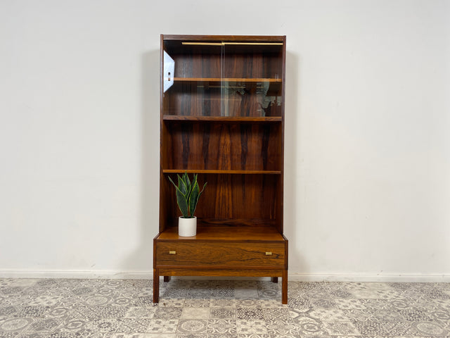 WMK Stilvoller & gut erhaltener skandinavischer Bücherschrank mit Vitrine , verstellb. Regalböden & Schublade , in edlem Palisander # Regal Bücherregal Highboard Kommode Rosewood Mid-Century Vintage