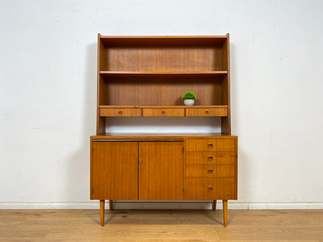 WMK Stilvoller skandinavischer Bücherschrank in Teakholz mit Schubladen & ausziehbarer Schreibplatte # Bücherregal Sekretär Regal Schreibschrank Highboard Sideboard Vintage Danish Design Mid-Century