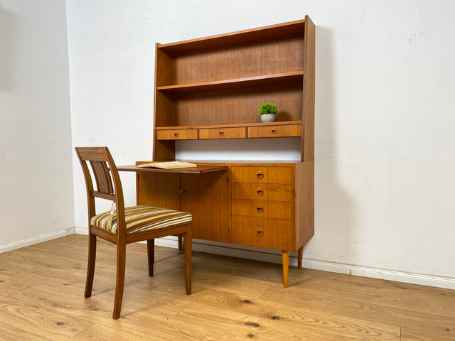 WMK Stilvoller skandinavischer Bücherschrank in Teakholz mit Schubladen & ausziehbarer Schreibplatte # Bücherregal Sekretär Regal Schreibschrank Highboard Sideboard Vintage Danish Design Mid-Century