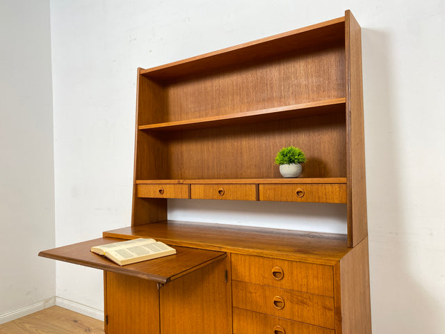 WMK Stilvoller skandinavischer Bücherschrank in Teakholz mit Schubladen & ausziehbarer Schreibplatte # Bücherregal Sekretär Regal Schreibschrank Highboard Sideboard Vintage Danish Design Mid-Century