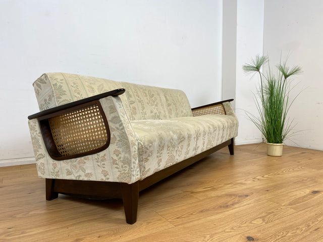 WMK Wunderschönes & sehr gut erhaltenes 50er Jahre Schlafsofa mit feinem floralem Bezug, Wiener Geflecht & Bettwäschefach # Sofa Couch Schlafcouch Klappcouch Daybed Sitzgarnitur Mid-Century Vintage