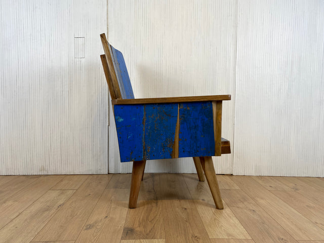 Boatwood by WMK # 1/4 Beautiful armchair in beautiful blue made of old boat wood, a handmade unique piece made of solid teak # Armchair Reading chair Club chair Wooden chair Garden furniture Balcony furniture