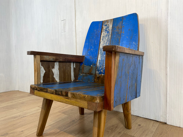 Boatwood by WMK # 1/4 Beautiful armchair in beautiful blue made of old boat wood, a handmade unique piece made of solid teak # Armchair Reading chair Club chair Wooden chair Garden furniture Balcony furniture