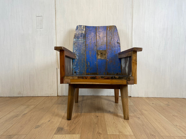 Boatwood by WMK # 1/4 Beautiful armchair in beautiful blue made of old boat wood, a handmade unique piece made of solid teak # Armchair Reading chair Club chair Wooden chair Garden furniture Balcony furniture