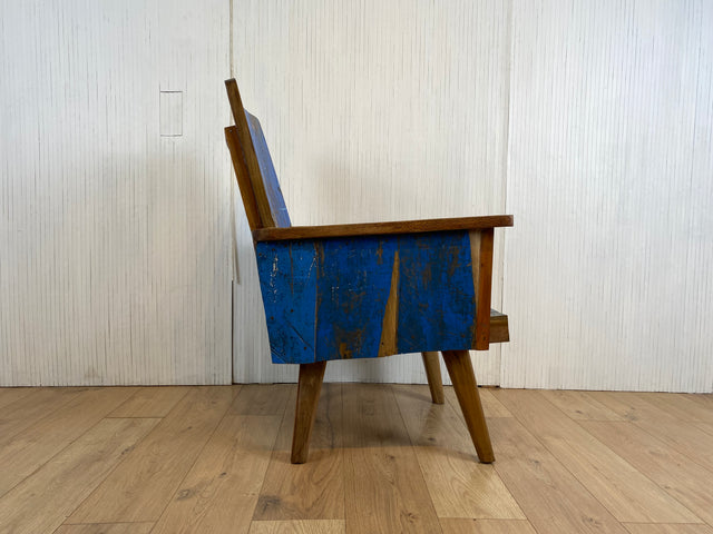 Boatwood by WMK # 1/4 Beautiful armchair in beautiful blue made of old boat wood, a handmade unique piece made of solid teak # Armchair Reading chair Club chair Wooden chair Garden furniture Balcony furniture