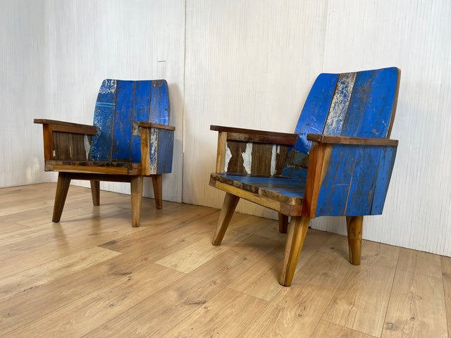 Boatwood by WMK # 1/4 Beautiful armchair in beautiful blue made of old boat wood, a handmade unique piece made of solid teak # Armchair Reading chair Club chair Wooden chair Garden furniture Balcony furniture