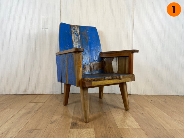 Boatwood by WMK # 1/4 Beautiful armchair in beautiful blue made of old boat wood, a handmade unique piece made of solid teak # Armchair Reading chair Club chair Wooden chair Garden furniture Balcony furniture