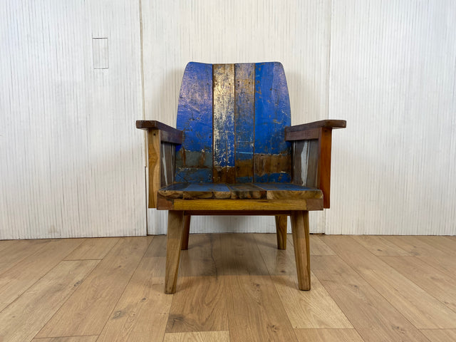 Boatwood by WMK # 1/4 Beautiful armchair in beautiful blue made of old boat wood, a handmade unique piece made of solid teak # Armchair Reading chair Club chair Wooden chair Garden furniture Balcony furniture