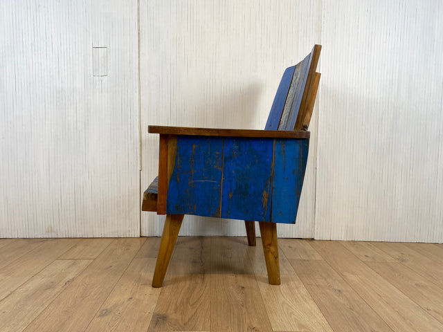 Boatwood by WMK # 1/4 Beautiful armchair in beautiful blue made of old boat wood, a handmade unique piece made of solid teak # Armchair Reading chair Club chair Wooden chair Garden furniture Balcony furniture