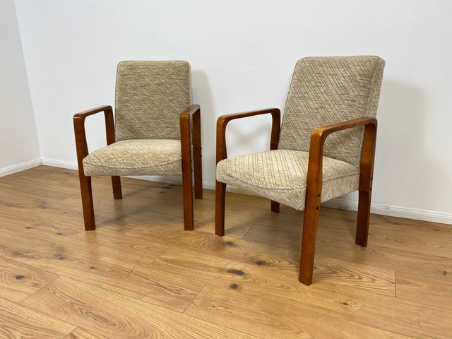 WMK # 1/3 Formschöner, bequemer & sehr gut erhaltener Mid-Century Sessel mit hellem Originalbezug & Teakholz Rahmen # Stuhl Sessel Lesesessel Armchair Armlehnsessel Schreibtischstuhl Vintage 60er 70er