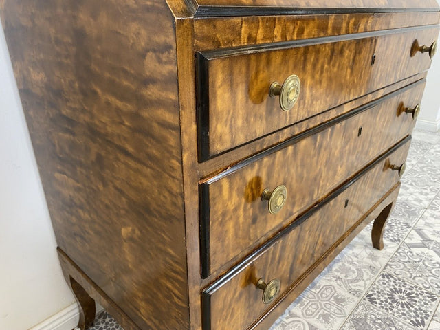 WMK Hübscher und geräumiger skandinavischer Sekretär aus vollem Holz mit dunkler Bierlasur & edlen Messinggriffen # Schreibschrank Schreibtisch Kommode Schubladenkommode Desk Vintage 50er Mid-Century